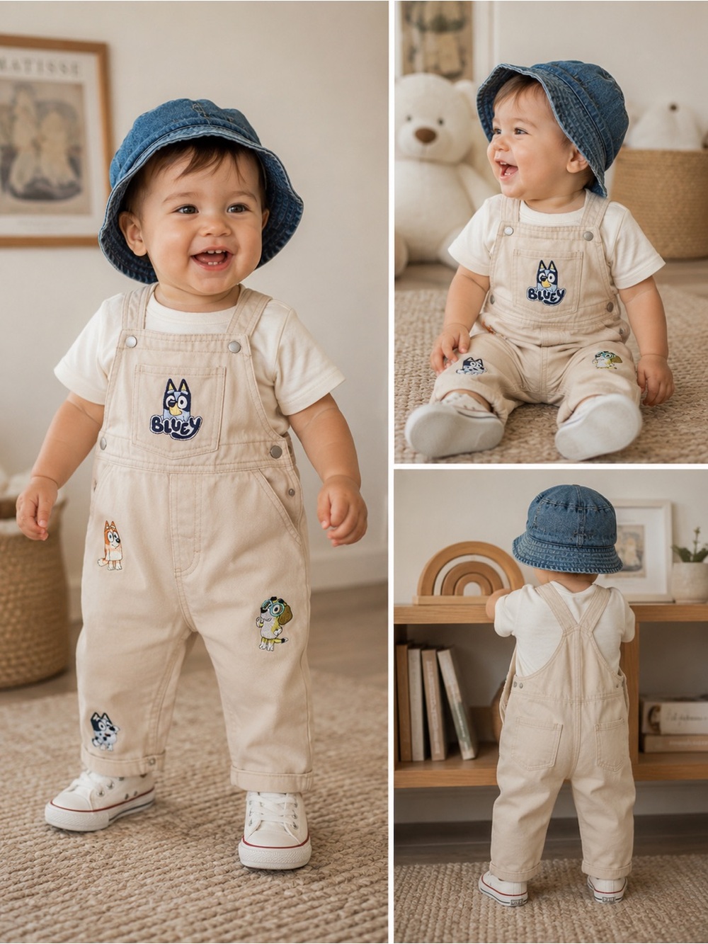 Bluey Toddler Denim Overalls Embroidered Character Snap Leg Beige Neutral 12Mm